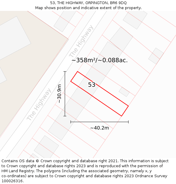 53, THE HIGHWAY, ORPINGTON, BR6 9DQ: Plot and title map