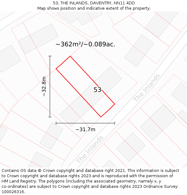 53, THE INLANDS, DAVENTRY, NN11 4DD: Plot and title map