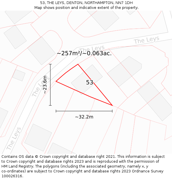 53, THE LEYS, DENTON, NORTHAMPTON, NN7 1DH: Plot and title map