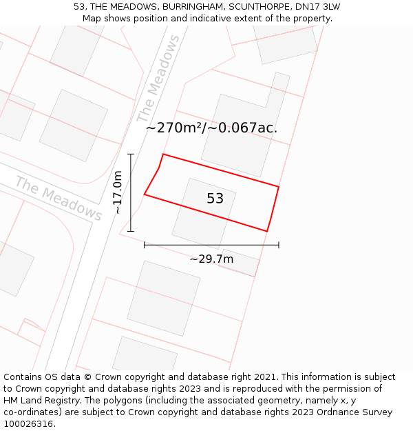 53, THE MEADOWS, BURRINGHAM, SCUNTHORPE, DN17 3LW: Plot and title map