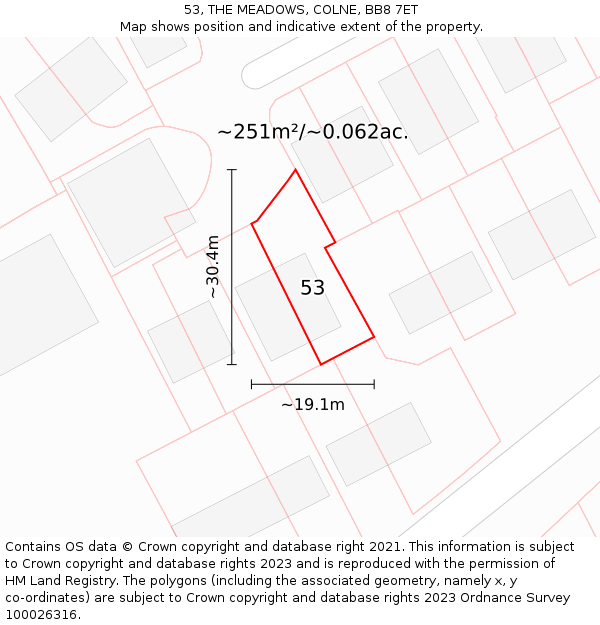 53, THE MEADOWS, COLNE, BB8 7ET: Plot and title map