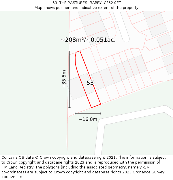 53, THE PASTURES, BARRY, CF62 9ET: Plot and title map