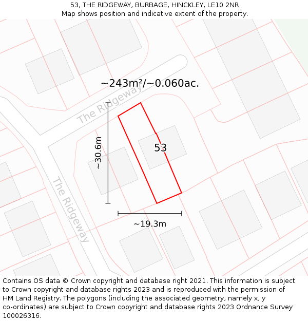 53, THE RIDGEWAY, BURBAGE, HINCKLEY, LE10 2NR: Plot and title map