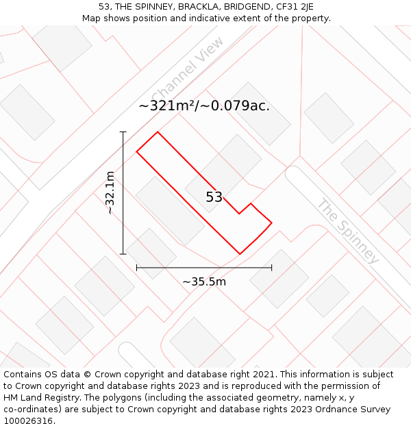 53, THE SPINNEY, BRACKLA, BRIDGEND, CF31 2JE: Plot and title map