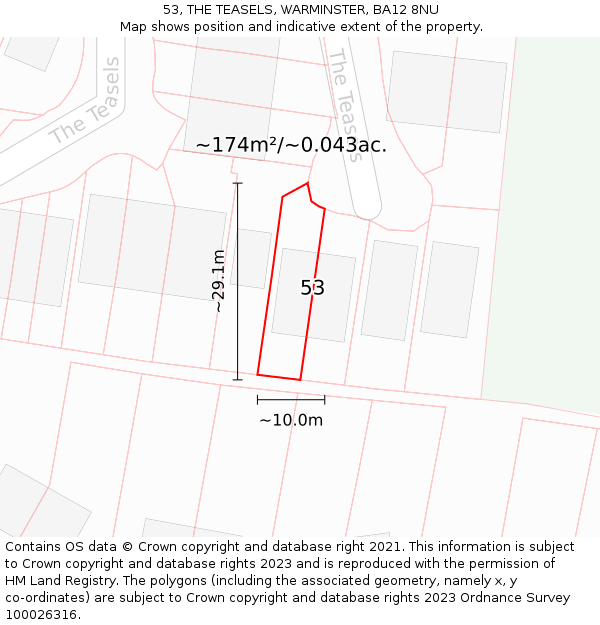53, THE TEASELS, WARMINSTER, BA12 8NU: Plot and title map