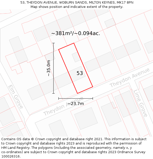 53, THEYDON AVENUE, WOBURN SANDS, MILTON KEYNES, MK17 8PN: Plot and title map
