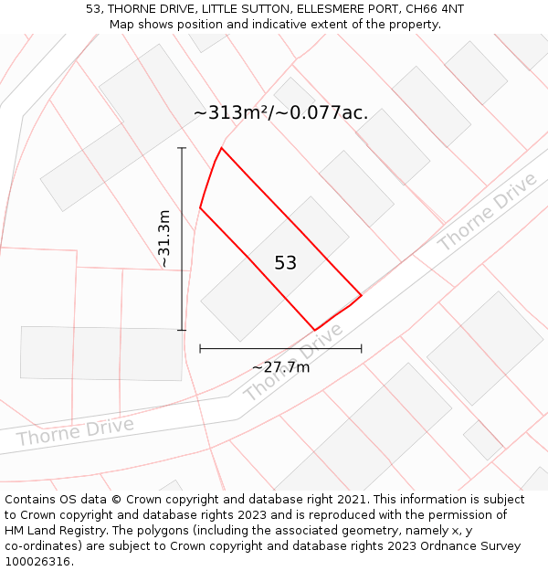 53, THORNE DRIVE, LITTLE SUTTON, ELLESMERE PORT, CH66 4NT: Plot and title map