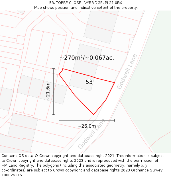 53, TORRE CLOSE, IVYBRIDGE, PL21 0BX: Plot and title map