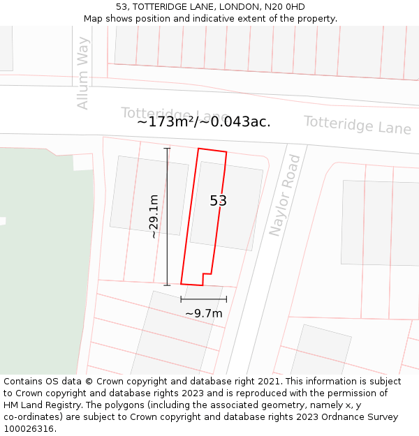 53, TOTTERIDGE LANE, LONDON, N20 0HD: Plot and title map
