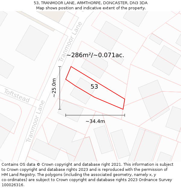 53, TRANMOOR LANE, ARMTHORPE, DONCASTER, DN3 3DA: Plot and title map