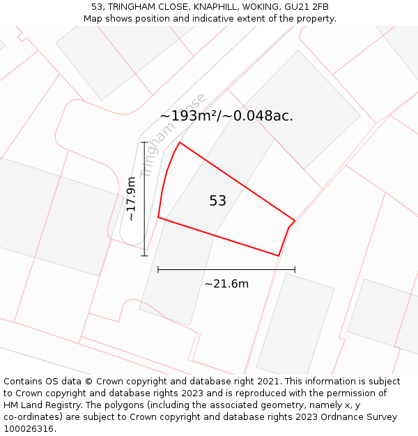 53, TRINGHAM CLOSE, KNAPHILL, WOKING, GU21 2FB: Plot and title map