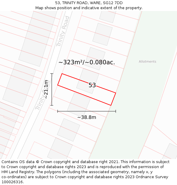 53, TRINITY ROAD, WARE, SG12 7DD: Plot and title map