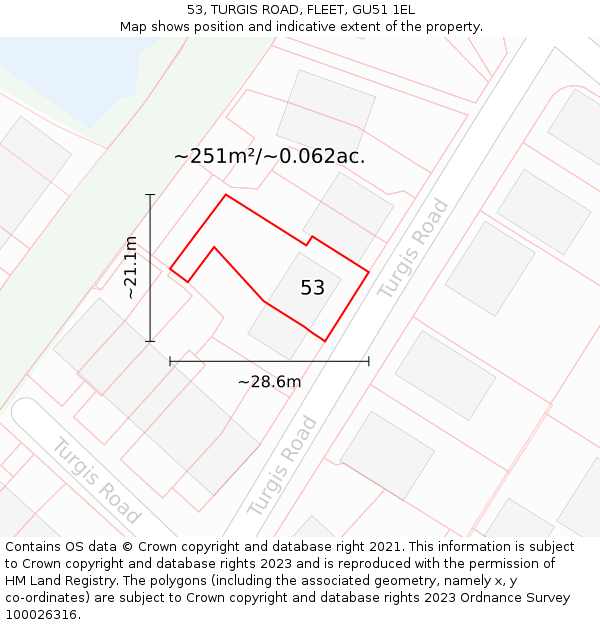 53, TURGIS ROAD, FLEET, GU51 1EL: Plot and title map