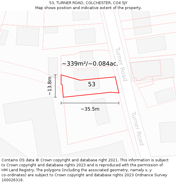 53, TURNER ROAD, COLCHESTER, CO4 5JY: Plot and title map