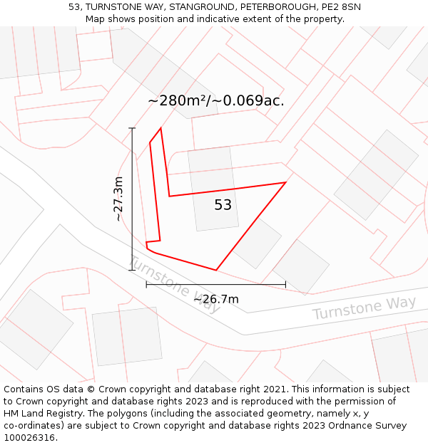 53, TURNSTONE WAY, STANGROUND, PETERBOROUGH, PE2 8SN: Plot and title map