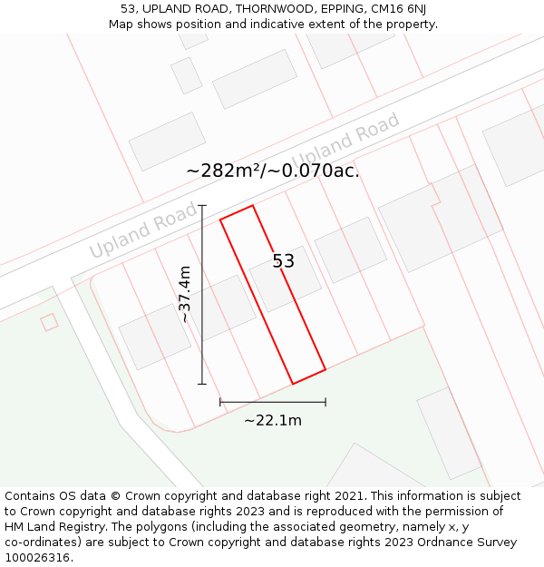 53, UPLAND ROAD, THORNWOOD, EPPING, CM16 6NJ: Plot and title map