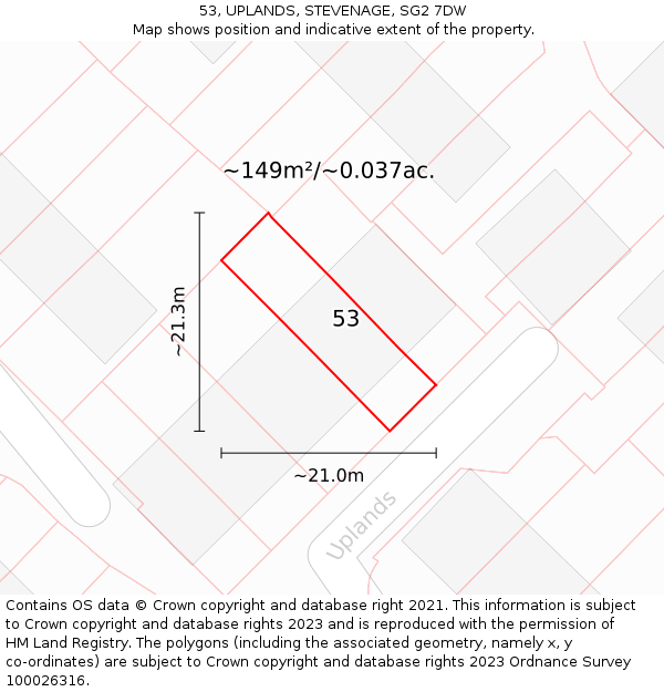 53, UPLANDS, STEVENAGE, SG2 7DW: Plot and title map