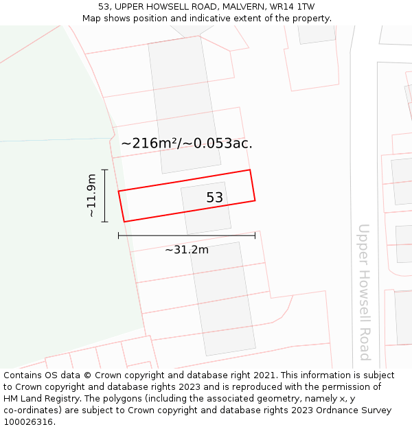 53, UPPER HOWSELL ROAD, MALVERN, WR14 1TW: Plot and title map