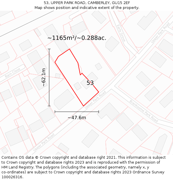 53, UPPER PARK ROAD, CAMBERLEY, GU15 2EF: Plot and title map
