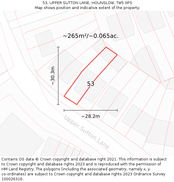 53, UPPER SUTTON LANE, HOUNSLOW, TW5 0PS: Plot and title map