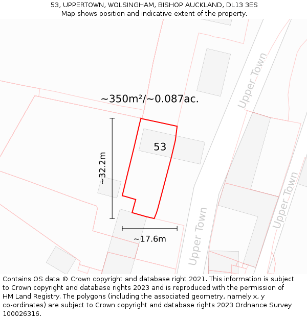 53, UPPERTOWN, WOLSINGHAM, BISHOP AUCKLAND, DL13 3ES: Plot and title map