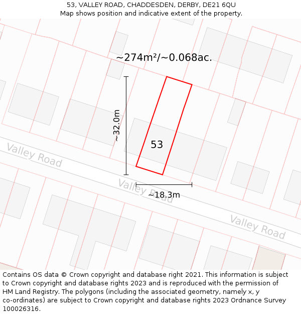 53, VALLEY ROAD, CHADDESDEN, DERBY, DE21 6QU: Plot and title map