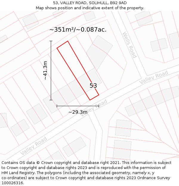 53, VALLEY ROAD, SOLIHULL, B92 9AD: Plot and title map