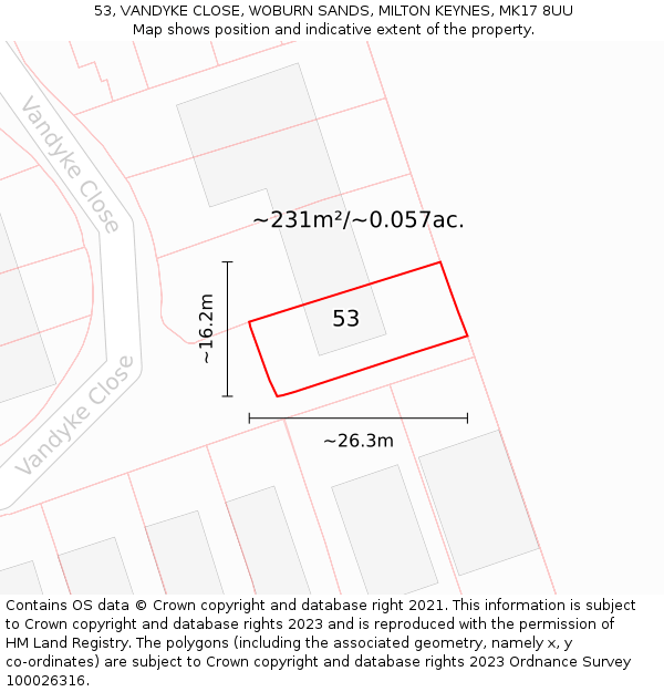 53, VANDYKE CLOSE, WOBURN SANDS, MILTON KEYNES, MK17 8UU: Plot and title map