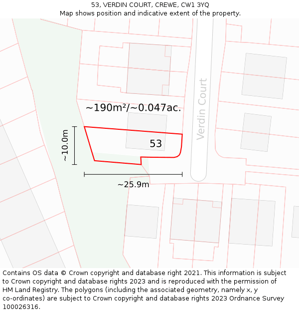 53, VERDIN COURT, CREWE, CW1 3YQ: Plot and title map