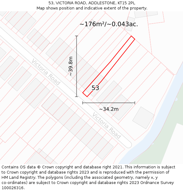53, VICTORIA ROAD, ADDLESTONE, KT15 2PL: Plot and title map