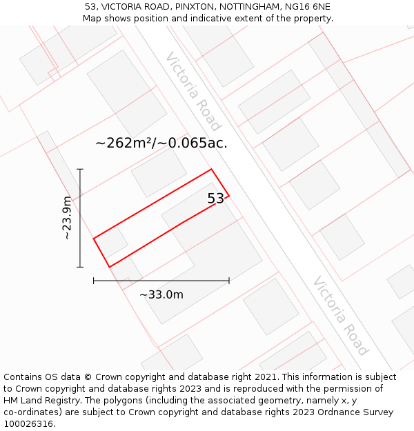 53, VICTORIA ROAD, PINXTON, NOTTINGHAM, NG16 6NE: Plot and title map