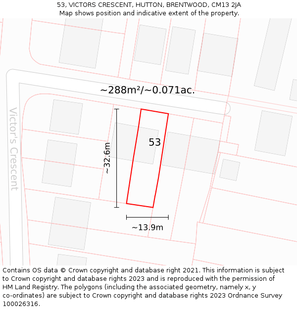 53, VICTORS CRESCENT, HUTTON, BRENTWOOD, CM13 2JA: Plot and title map