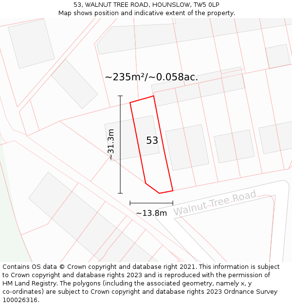 53, WALNUT TREE ROAD, HOUNSLOW, TW5 0LP: Plot and title map