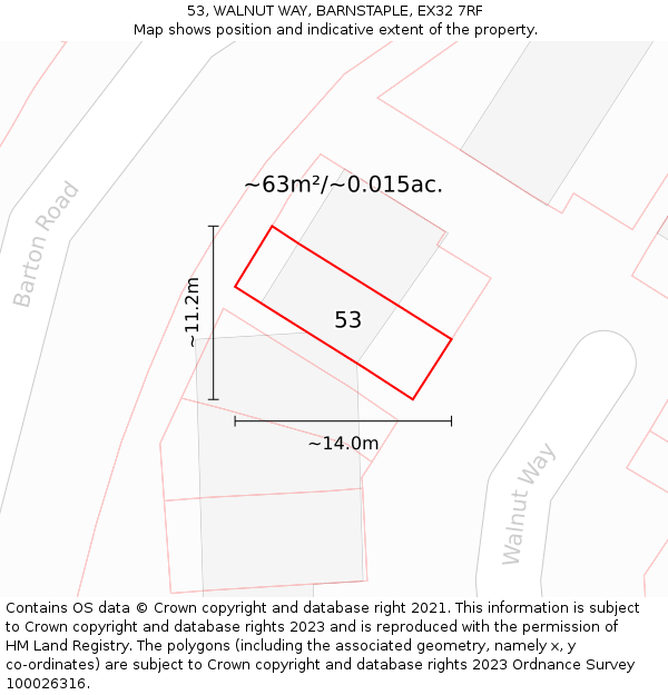 53, WALNUT WAY, BARNSTAPLE, EX32 7RF: Plot and title map