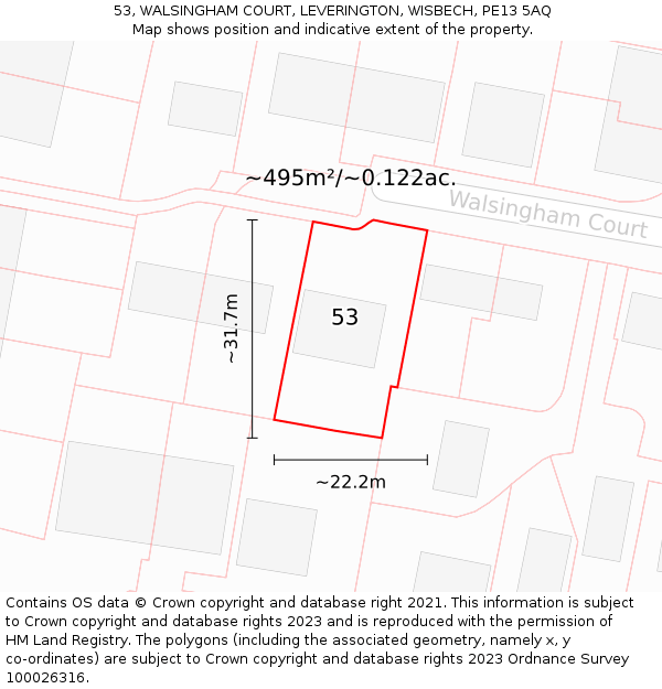 53, WALSINGHAM COURT, LEVERINGTON, WISBECH, PE13 5AQ: Plot and title map