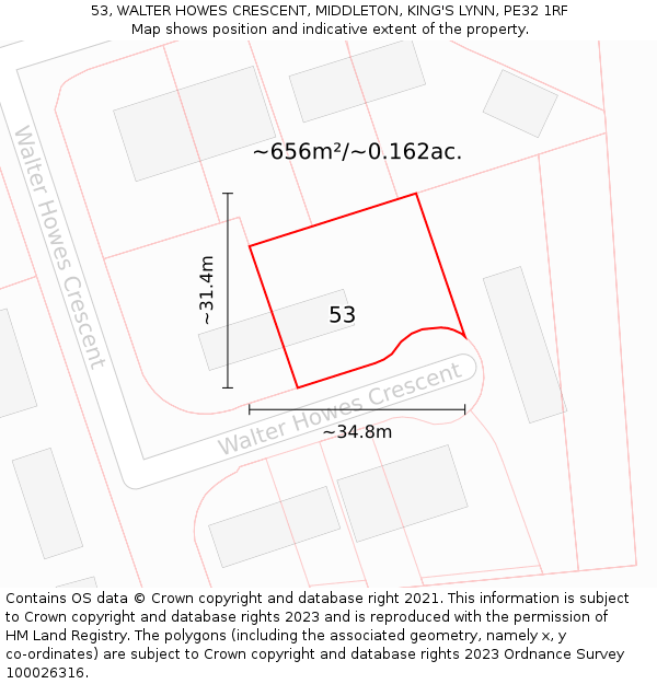 53, WALTER HOWES CRESCENT, MIDDLETON, KING'S LYNN, PE32 1RF: Plot and title map