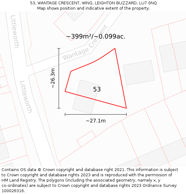 53, WANTAGE CRESCENT, WING, LEIGHTON BUZZARD, LU7 0NQ: Plot and title map