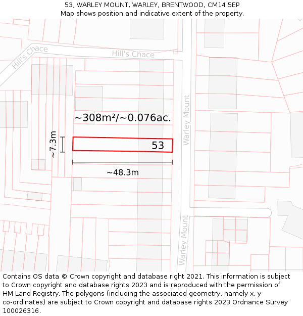 53, WARLEY MOUNT, WARLEY, BRENTWOOD, CM14 5EP: Plot and title map