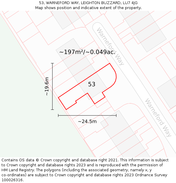 53, WARNEFORD WAY, LEIGHTON BUZZARD, LU7 4JG: Plot and title map