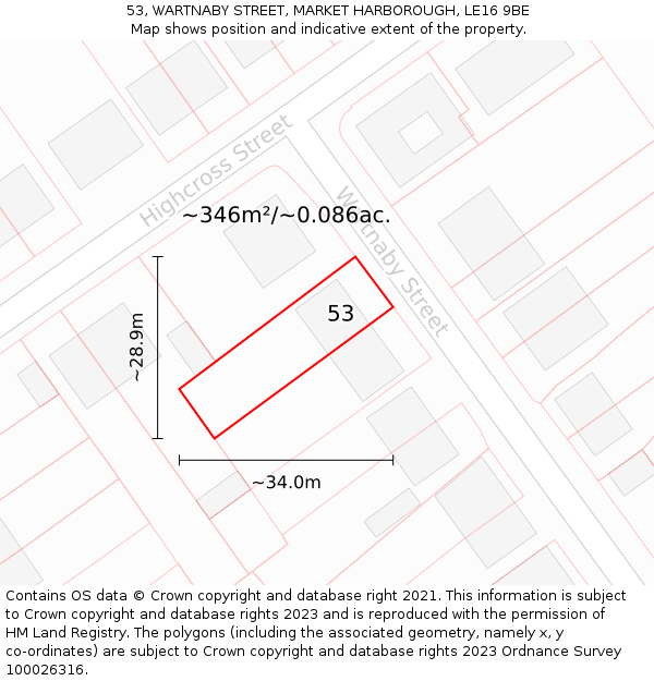 53, WARTNABY STREET, MARKET HARBOROUGH, LE16 9BE: Plot and title map