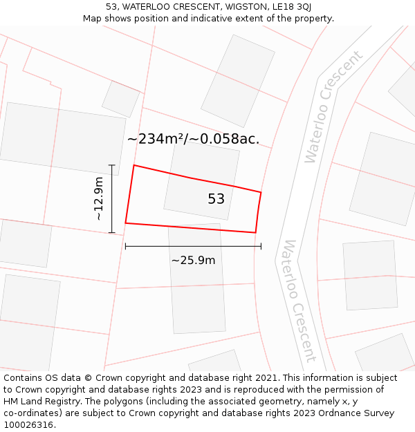 53, WATERLOO CRESCENT, WIGSTON, LE18 3QJ: Plot and title map