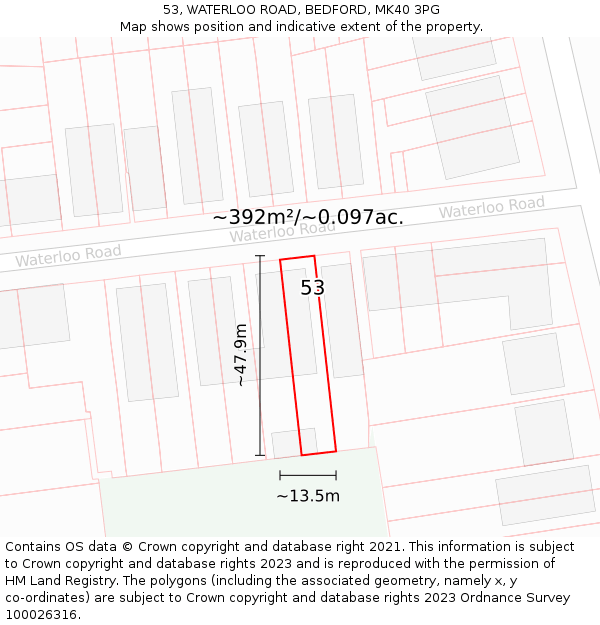 53, WATERLOO ROAD, BEDFORD, MK40 3PG: Plot and title map