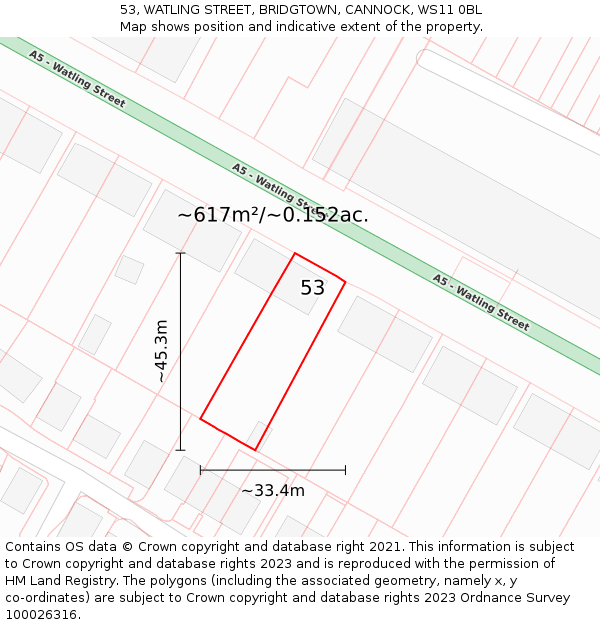 53, WATLING STREET, BRIDGTOWN, CANNOCK, WS11 0BL: Plot and title map