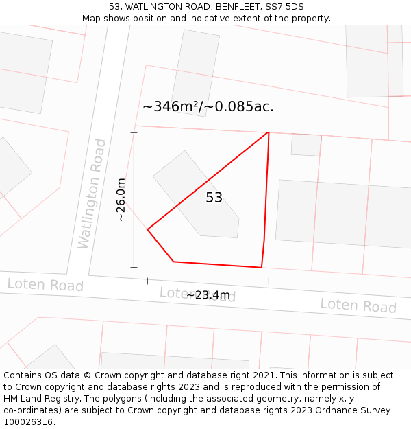 53, WATLINGTON ROAD, BENFLEET, SS7 5DS: Plot and title map