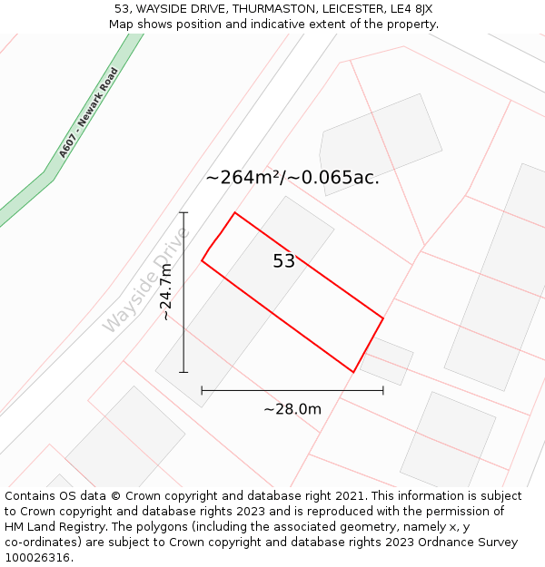 53, WAYSIDE DRIVE, THURMASTON, LEICESTER, LE4 8JX: Plot and title map