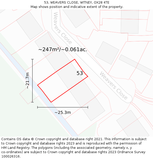 53, WEAVERS CLOSE, WITNEY, OX28 4TE: Plot and title map