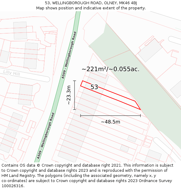 53, WELLINGBOROUGH ROAD, OLNEY, MK46 4BJ: Plot and title map