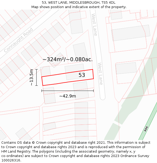 53, WEST LANE, MIDDLESBROUGH, TS5 4DL: Plot and title map