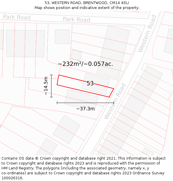53, WESTERN ROAD, BRENTWOOD, CM14 4SU: Plot and title map