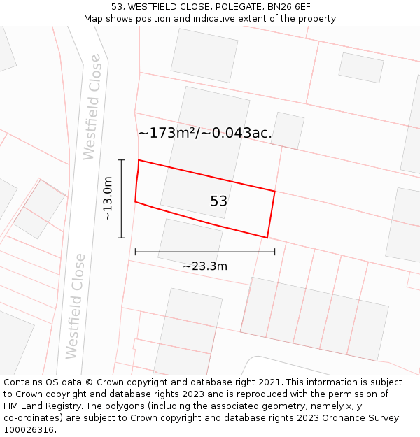 53, WESTFIELD CLOSE, POLEGATE, BN26 6EF: Plot and title map